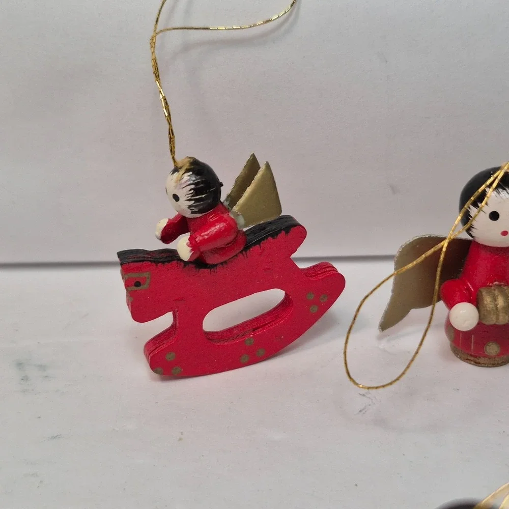 Vintage Miniature Angel Ornaments Lot Of 10 Mini Wooden Red Gold Christmas